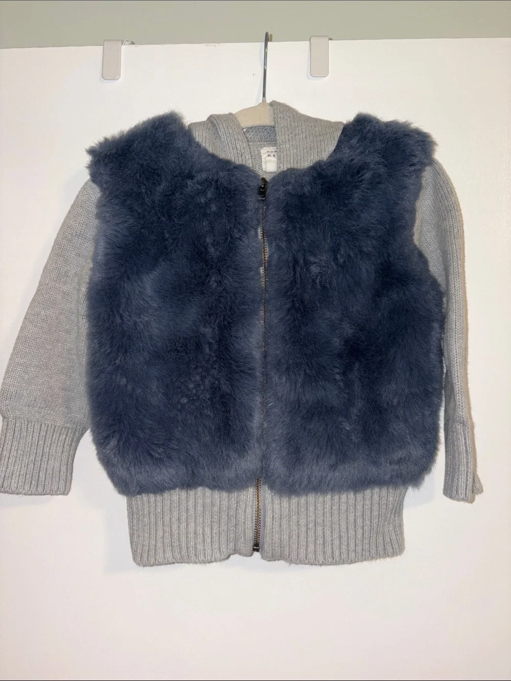 GAP Navy Faux Fur Vest with Light Gray Knit Hoodie